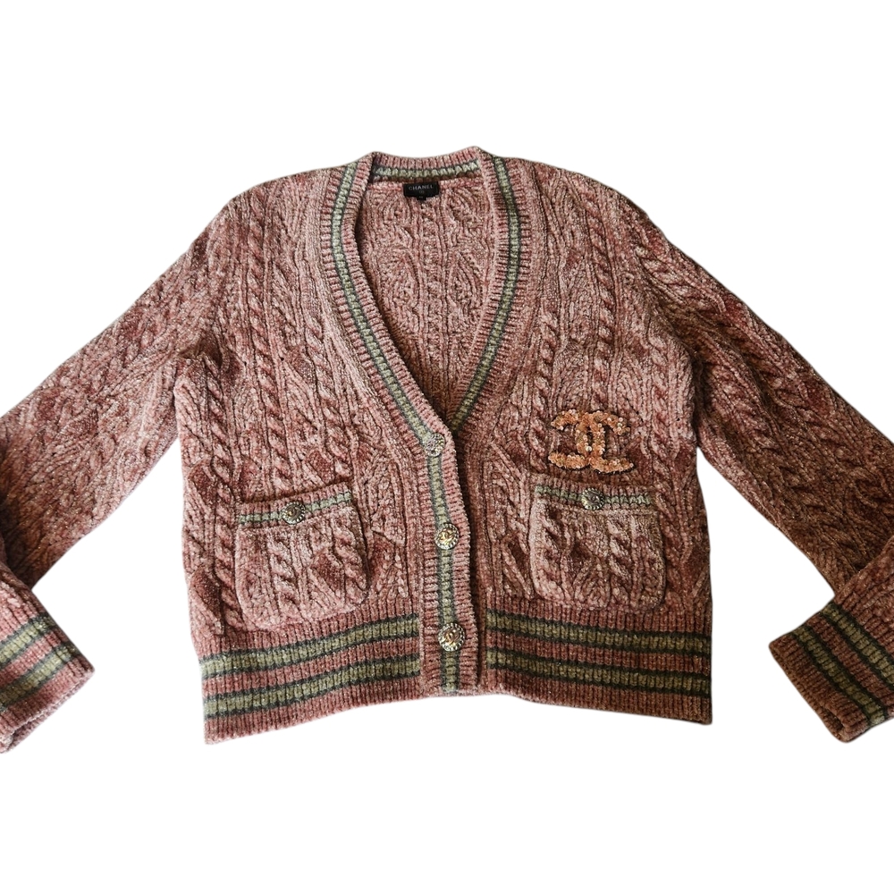 CHANEL Pink and Gray Textured Knit Sweater